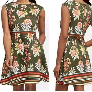New NY&Co olive green floral stripe flare dress